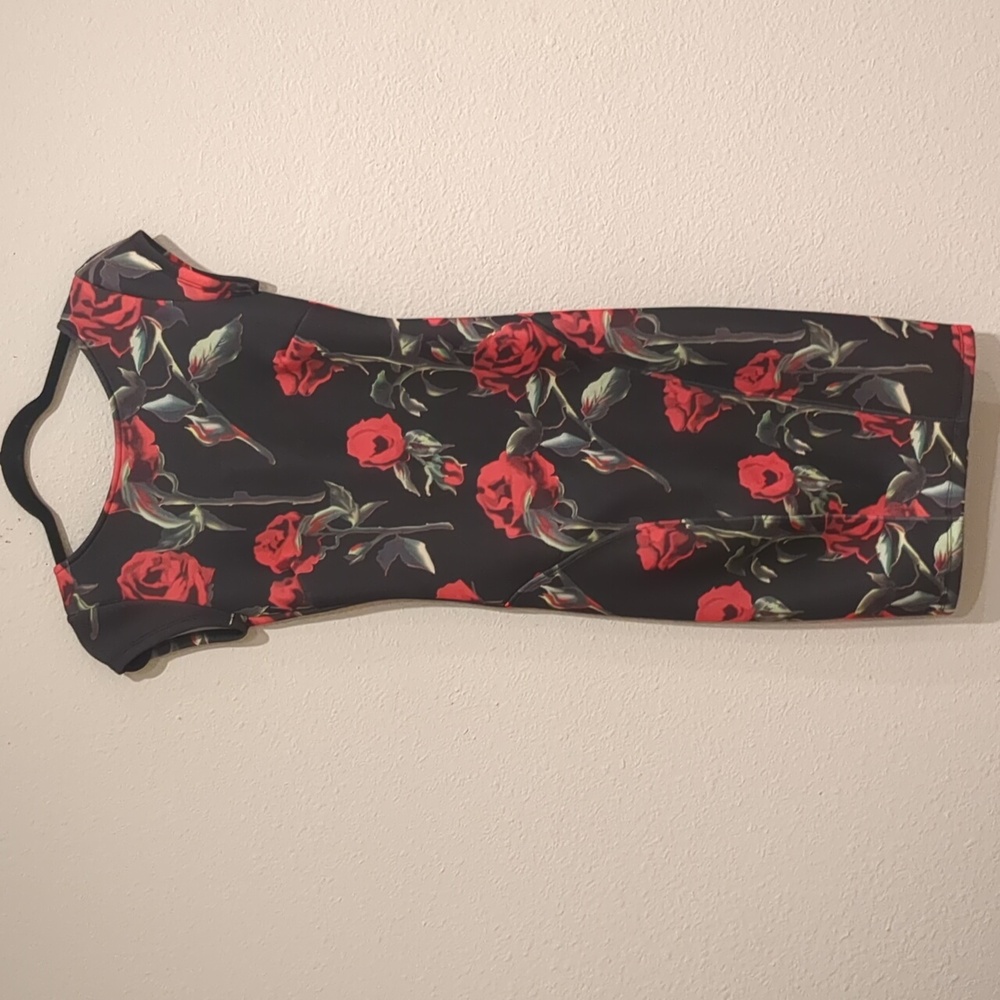 Glamazon Black Rose Print Bodycon Dress Size Small